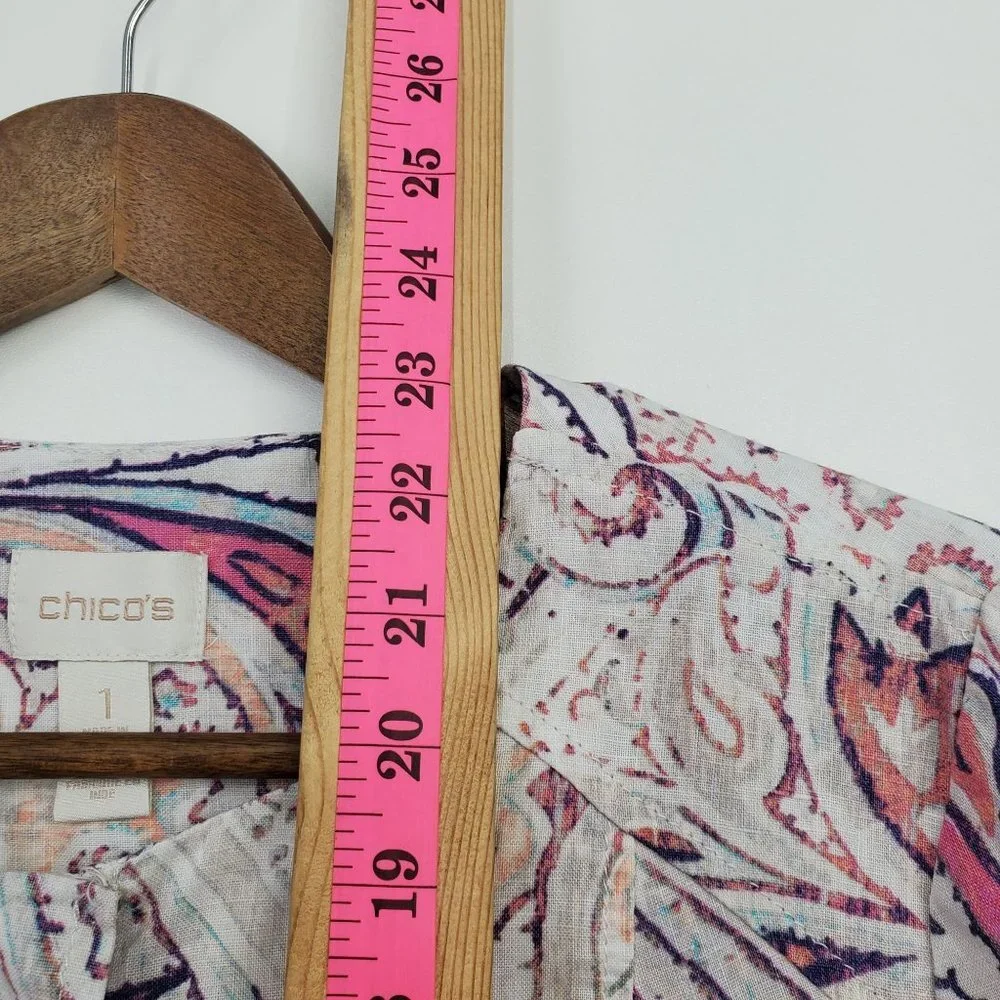 Chico's Womens Paisley Print Zip Up Linen‎ Jacket Size 1 (M) 3/4 Sleeve Career